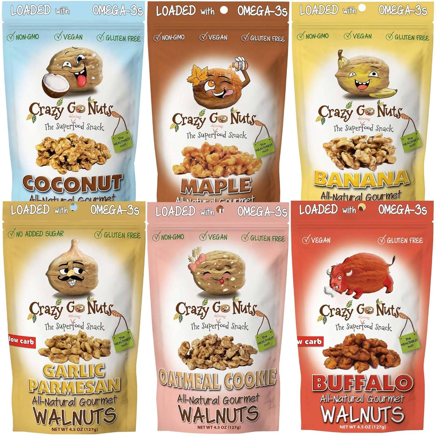 Crazy Go Nuts Walnuts - Maple, 4.5 Oz (3-Pack) - Healthy Snacks, Vegan, Low Carb, Gluten Free, Superfood - Natural, Non-Gmo, ALA, Omega 3 Fatty Acids, Good Fats, and Antioxidants - Big Mart USA