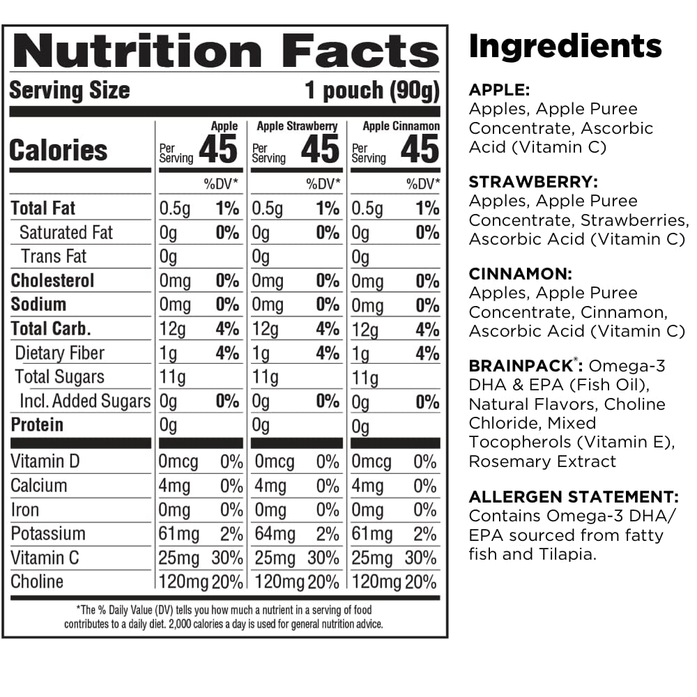 Brainiac Applesauce Variety Pack Pouches, Apple, Apple-Cinnamon & Apple-Strawberry Flavors, Unsweetened Applesauce with Vitamin C, Omega-3S & Choline, 40 Count, 3.2 Oz.