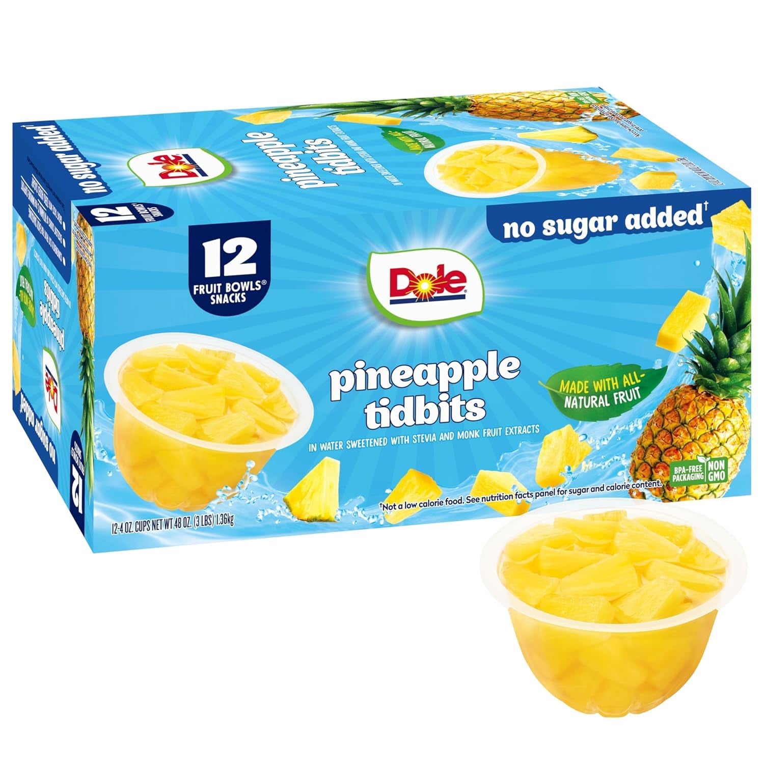Dole Pineapple Tidbits with No Sugar Added - Dole Fruit Bowls Snacks - 4 Oz Fruit Bowls - 12 Pack - Big Mart USA