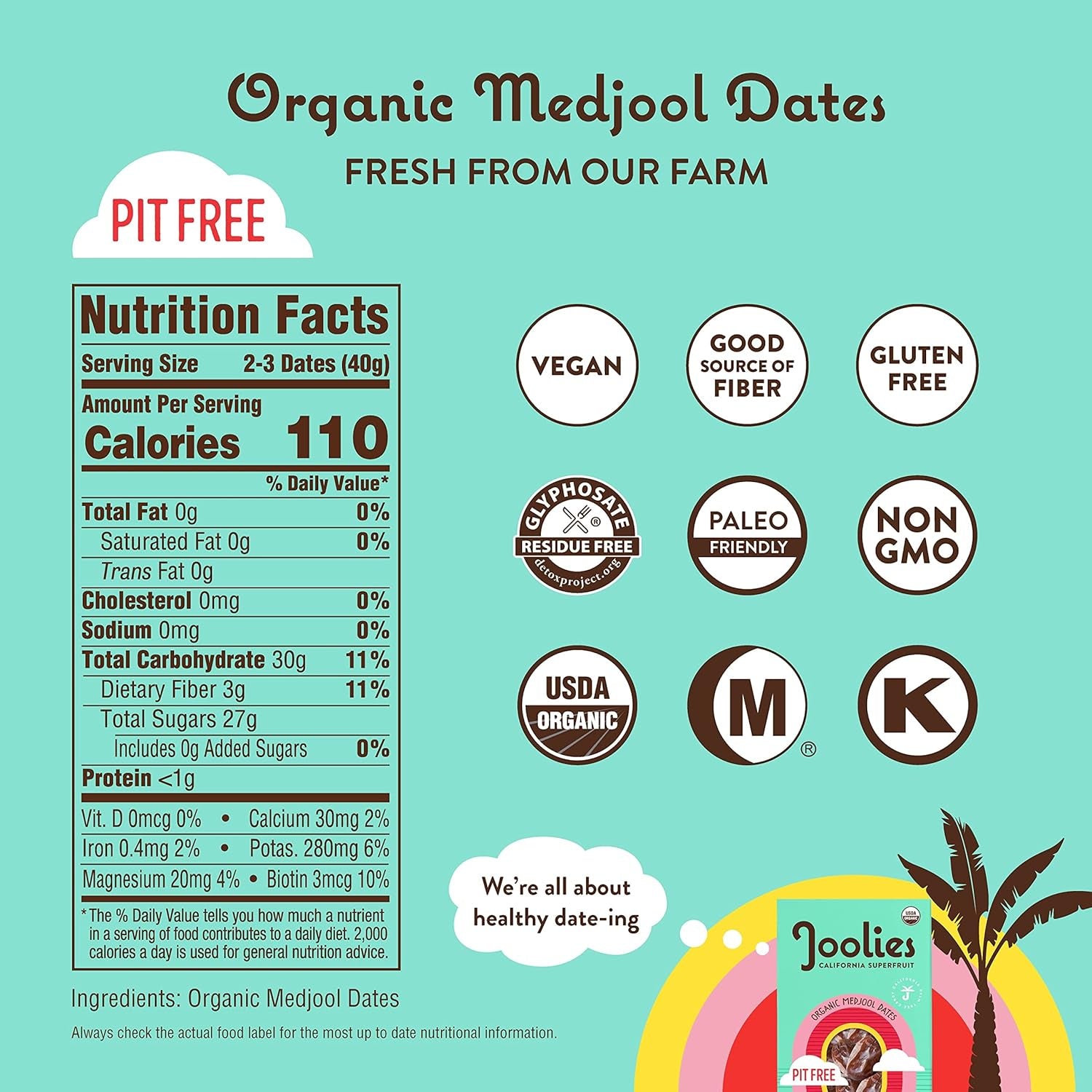 Joolies Organic Medjool Date Snack Pack | 3 Pit-Free Dates, 12 Pack | Fresh California Grown Fruit | Vegan, Gluten-Free, Paleo, No Added Sugar | Single Serve, Great for Kids, Snacking & Dessert - Big Mart USA