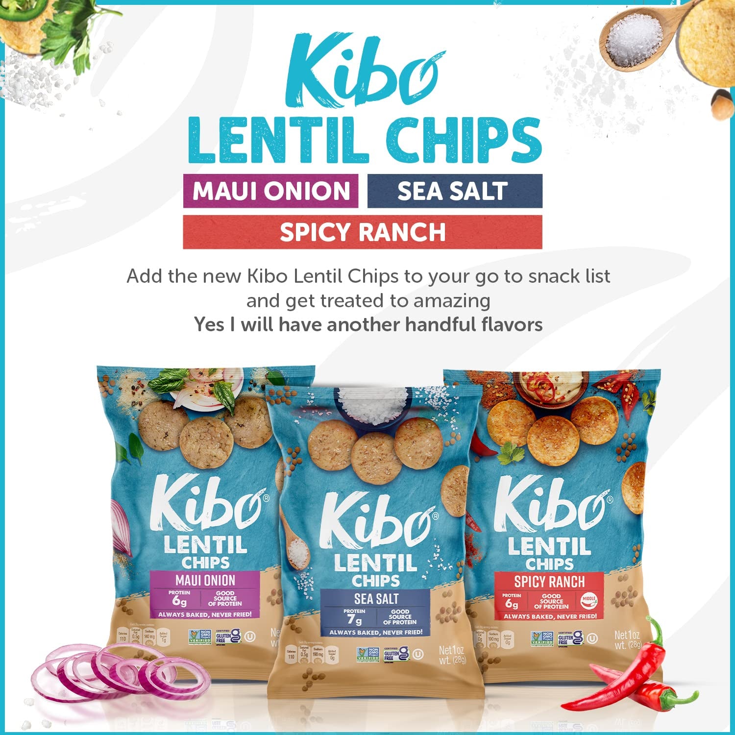 Kibo Lentil Chips Variety Pack - Gluten-Free, Vegan, Non-Gmo, Plant-Based - Maui Onion, Sea Salt, Spicy Ranch, Made with Real Veggies - 28G, 12 Pack - Big Mart USA