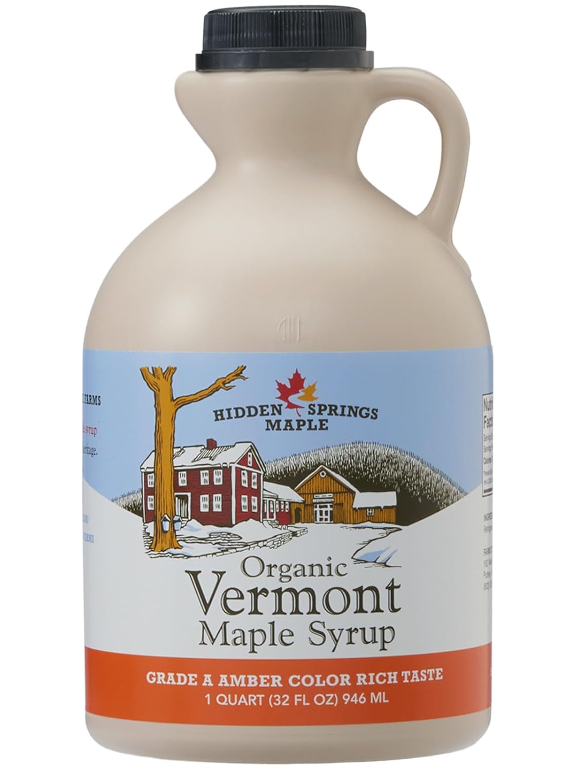 Hidden Springs Maple Organic Vermont Maple Syrup, Grade a Dark Robust (Formerly Grade B), 32 Ounce, 1 Quart, Family Farms, Bpa-Free Jug
