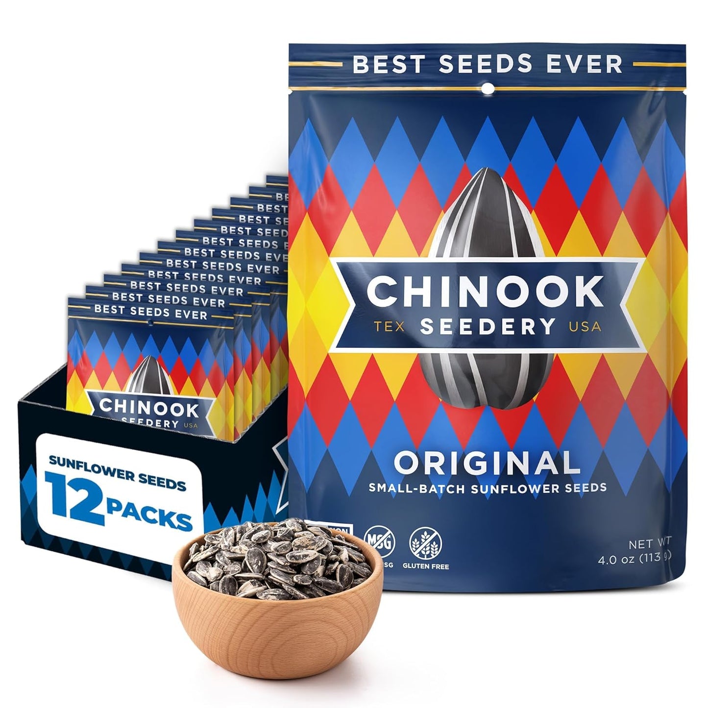 Chinook Seedery Roasted Jumbo Sunflower Seeds - Keto Snacks, Gluten-Free, Non-Gmo, 8 Flavor Variety Pack 4 Oz (12-Pack) - Big Mart USA