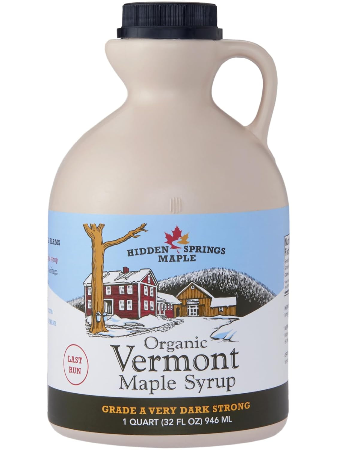 Hidden Springs Maple Organic Vermont Maple Syrup, Grade a Dark Robust (Formerly Grade B), 32 Ounce, 1 Quart, Family Farms, Bpa-Free Jug