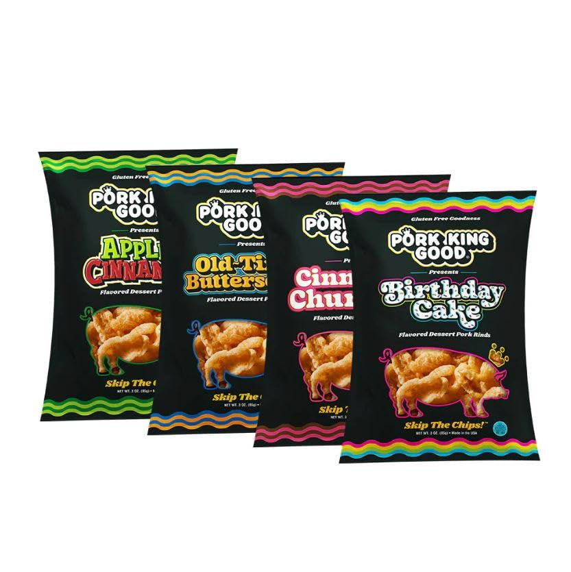 Pork King Good 4 Bag Variety Pack of Sweet & Salty Dessert Flavored Pork Rinds - 3 Oz (Variety 4 Pack) Gluten Free Snacks