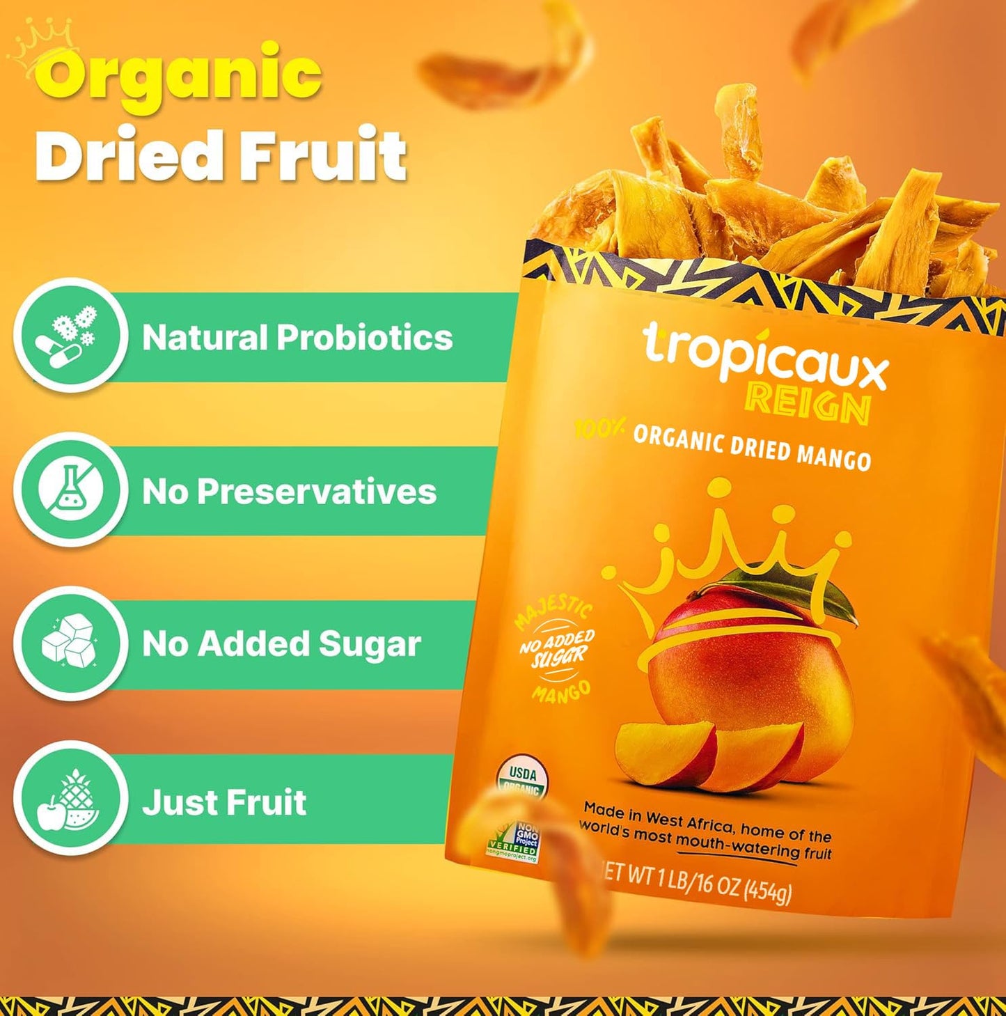 Organic Dried Mango Slices, No Sugar Added, 16Oz - All-Natural, Non-Gmo, Mouth-Watering Dried Mangoes - Preservative-Free, Nutritious & Delicious Snack for Kids and Adults by Tropicaux Reign - Big Mart USA