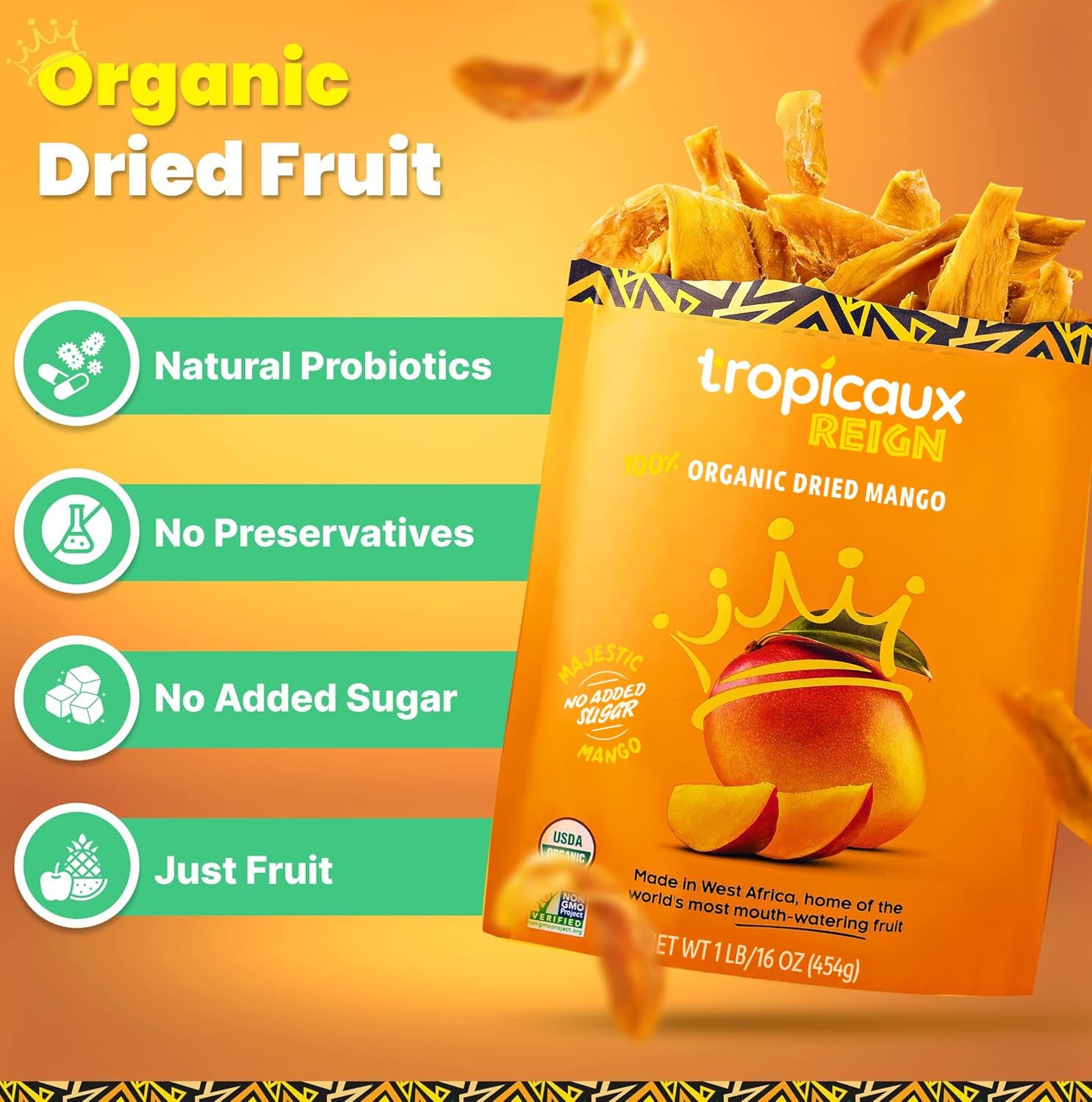 Organic Dried Mango Slices, No Sugar Added, 16Oz - All-Natural, Non-Gmo, Mouth-Watering Dried Mangoes - Preservative-Free, Nutritious & Delicious Snack for Kids and Adults by Tropicaux Reign - Big Mart USA
