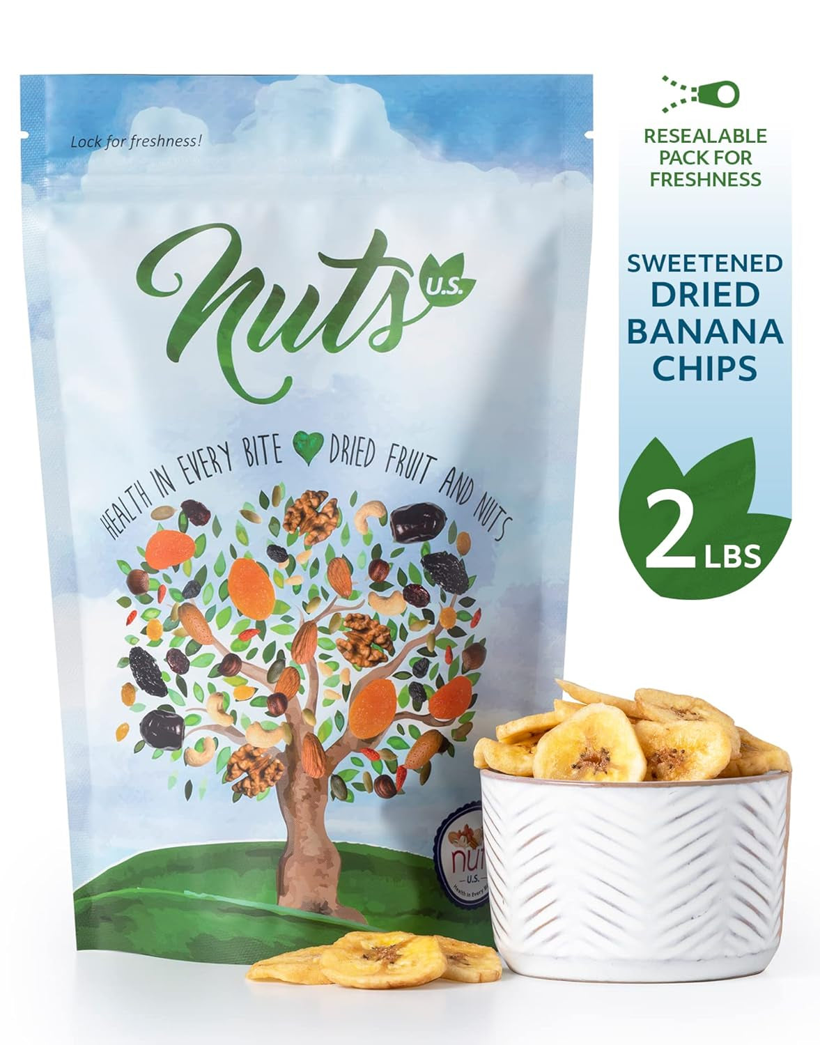 NUTS U.S. - Banana Chips | Dried and Sweetened | All Natural | Vegetarian | Non GMO and Gluten Free | Packed in a Resealable Bag (2 LBS) - Big Mart USA