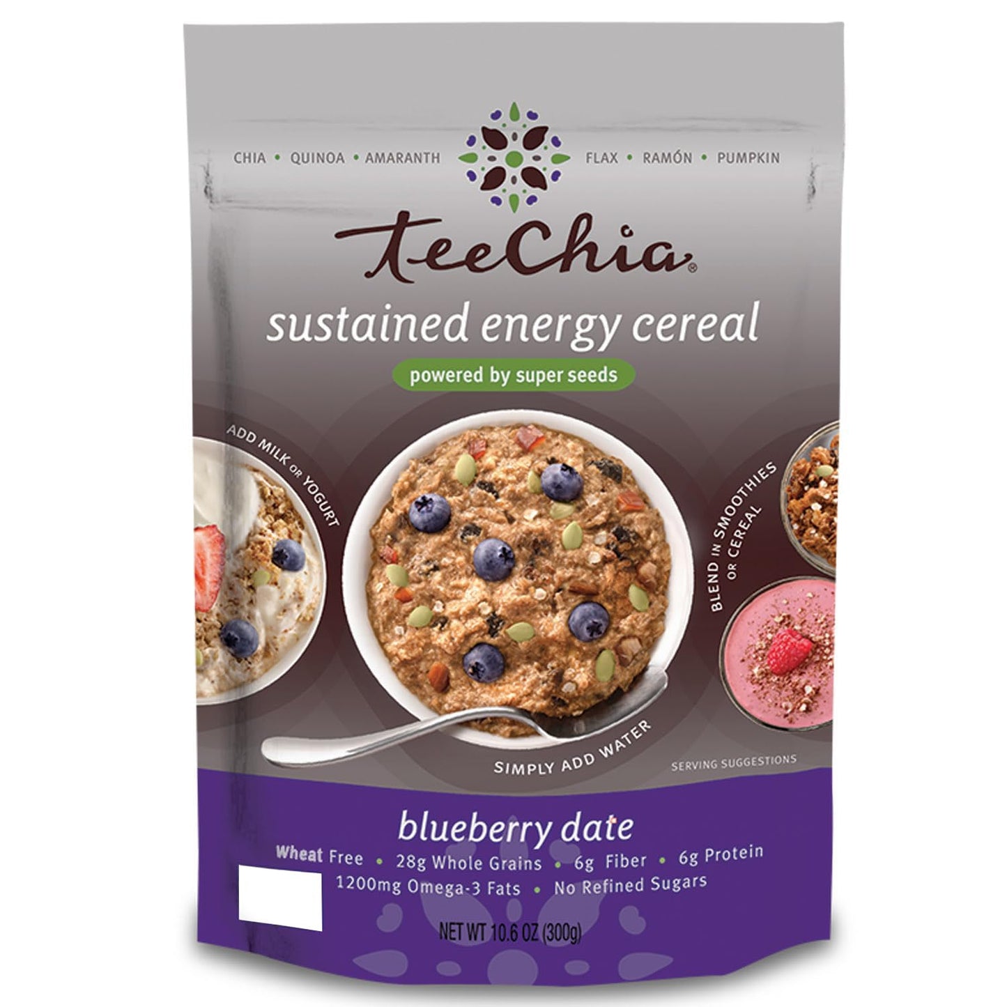 Teechia Organic Super Seeds Cereal - Blueberry Date – Nutrient Dense Instant Breakfast | No Sugar Added | Gluten Free | High in Fiber | High in Protein | Non-Gmo, 10.6 Ounce