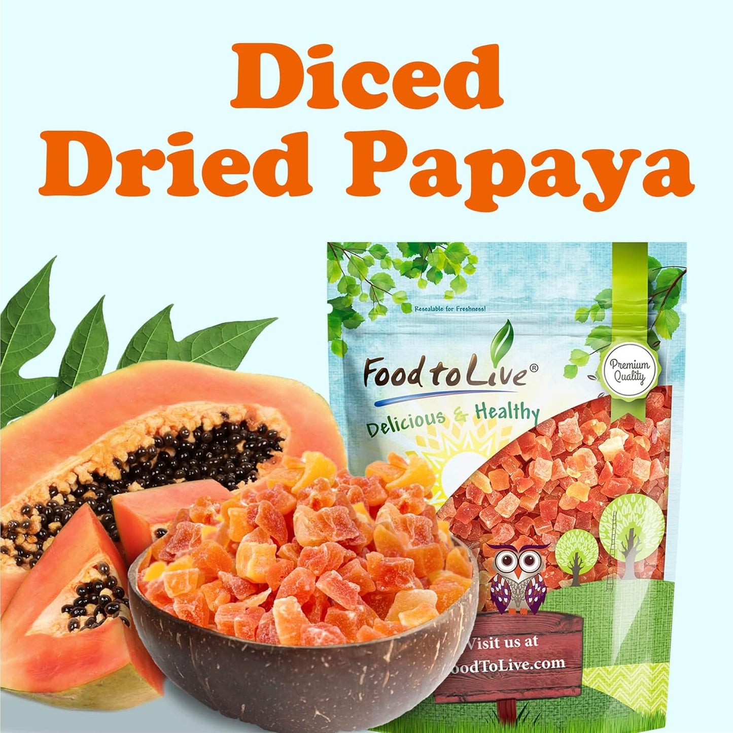 Food to Live Dried Diced Papaya, 8 Ounces Kosher, Vegan, Sweetened, Unsulfured, Bulk - Big Mart USA