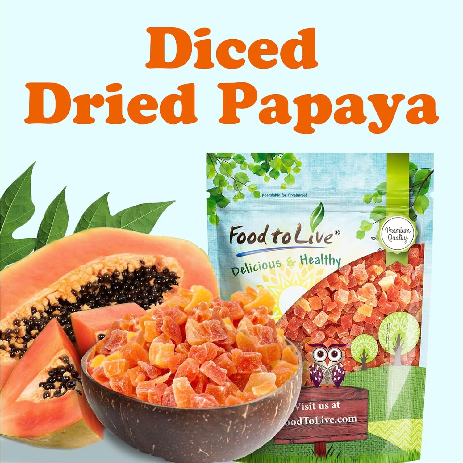 Food to Live Dried Diced Papaya, 8 Ounces Kosher, Vegan, Sweetened, Unsulfured, Bulk - Big Mart USA