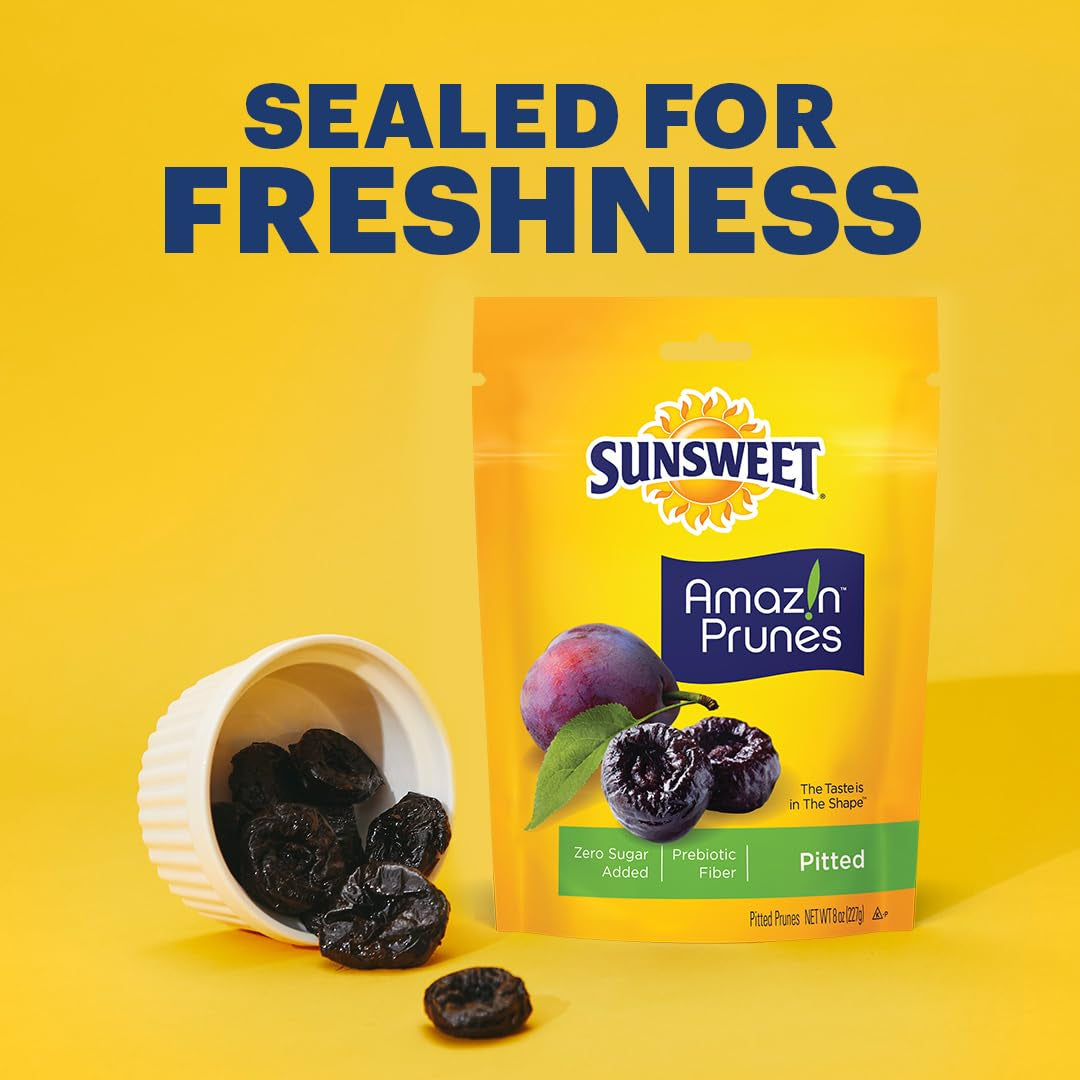 Sunsweet Amazin' Pitted Prunes - Dried Prunes Pitted Unsweetened - Gluten Free, Vegan, Low Fat - Fiber & Minerals - 8 Oz Pouches X 3 Pack - Big Mart USA