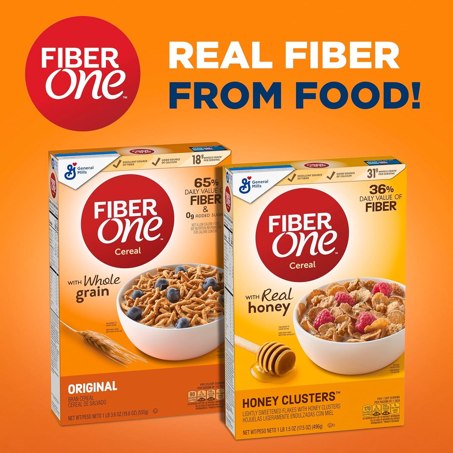 Fiber One Honey Clusters Breakfast Cereal, Fiber Cereal Made with Whole Grain, 17.5 Oz