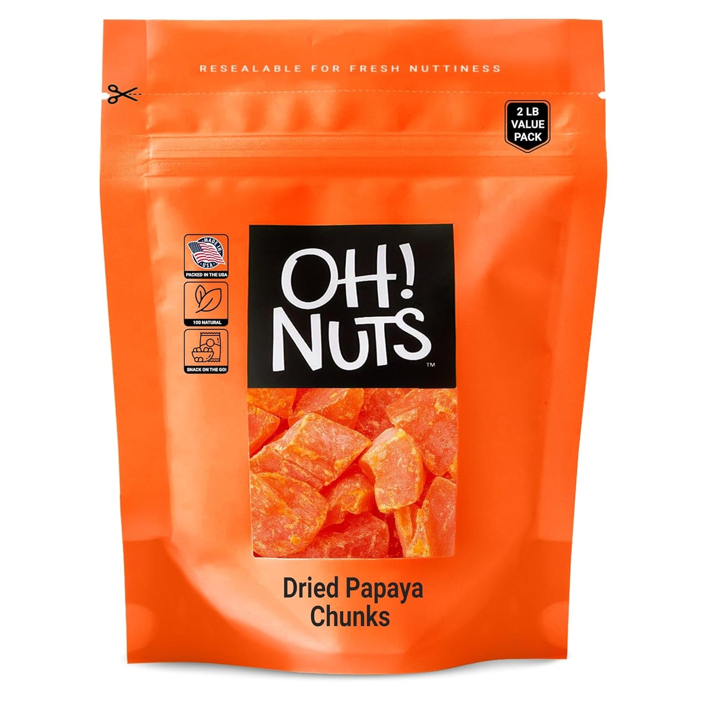 Oh! Nuts Dried Papaya Chunks - 2 Lb - Dried Fruit Chunks - Less Sugar Added - Dehydrated Fruit Bites - Packed in New York Zip-Seal Bag for Exceptional Freshness - Big Mart USA