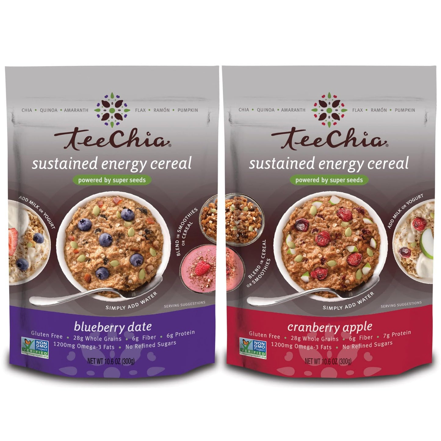 Teechia Organic Super Seeds Cereal - Blueberry Date – Nutrient Dense Instant Breakfast | No Sugar Added | Gluten Free | High in Fiber | High in Protein | Non-Gmo, 10.6 Ounce