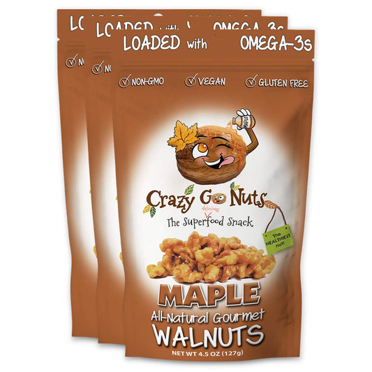 Crazy Go Nuts Walnuts - Maple, 4.5 Oz (3-Pack) - Healthy Snacks, Vegan, Low Carb, Gluten Free, Superfood - Natural, Non-Gmo, ALA, Omega 3 Fatty Acids, Good Fats, and Antioxidants - Big Mart USA