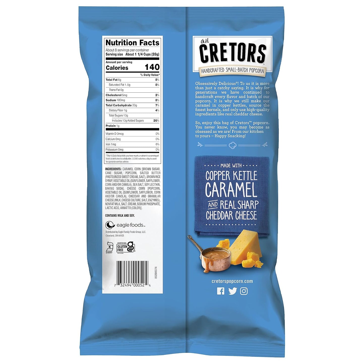 G.H. Cretors’ Gourmet Caramel Corn Popcorn – Irresistible Cheese & Rich Caramel Flavor in Convenient Individual Bags, 7.5 Oz (6 Pack)