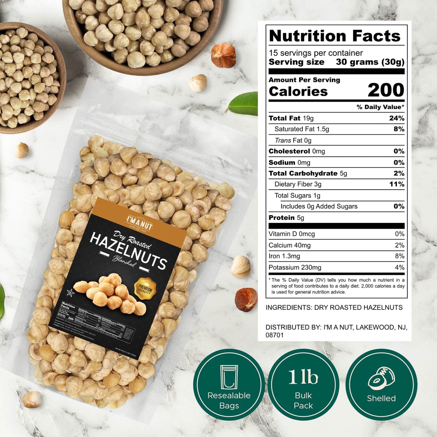 Premium Natural Toasted Hazelnuts, 16Oz (1 Lb) - Small Batch Roasted, Blanched, Non-Gmo, Batch-Tested Gluten & Peanut-Free, Vegan, Keto-Friendly, No Preservatives