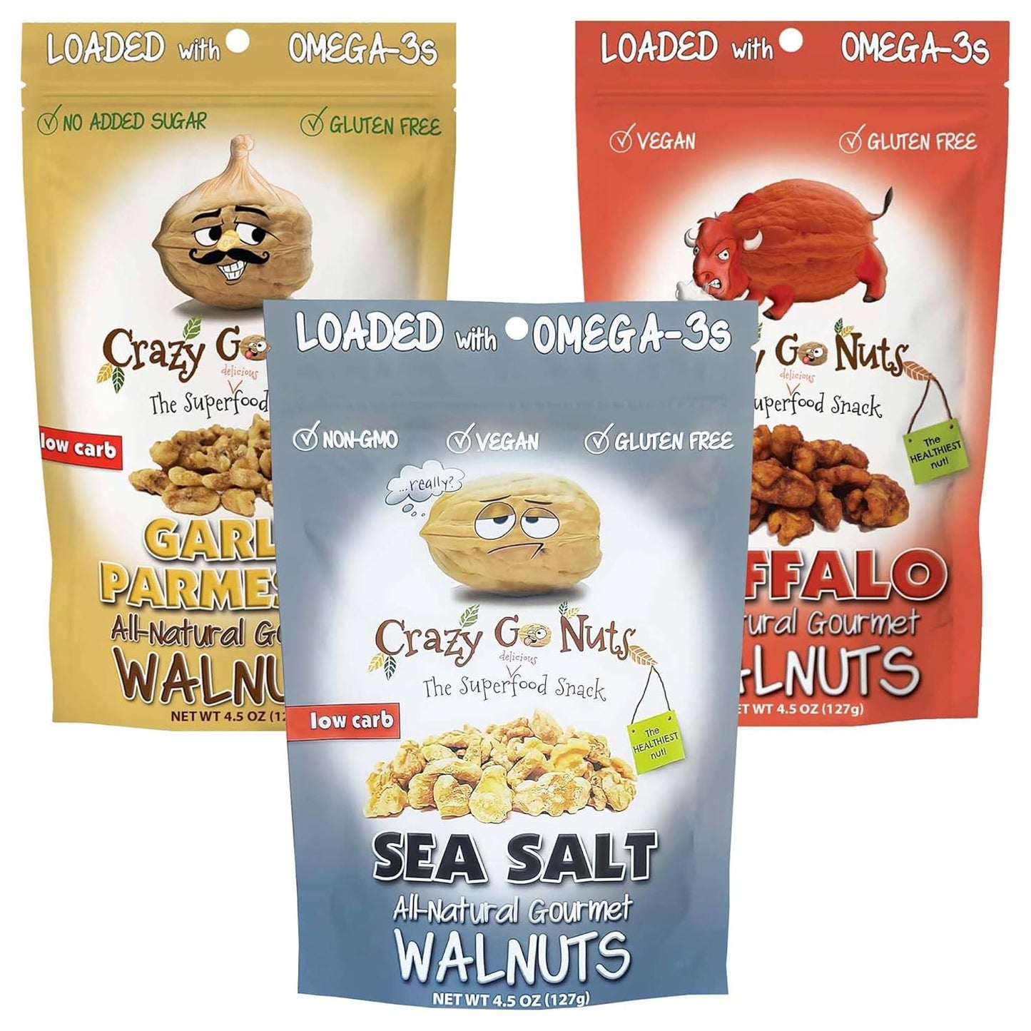 Crazy Go Nuts Walnuts - Maple, 4.5 Oz (3-Pack) - Healthy Snacks, Vegan, Low Carb, Gluten Free, Superfood - Natural, Non-Gmo, ALA, Omega 3 Fatty Acids, Good Fats, and Antioxidants - Big Mart USA
