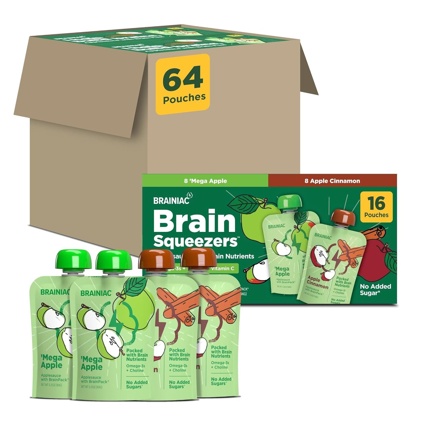 Brainiac Applesauce Variety Pack Pouches, Apple, Apple-Cinnamon & Apple-Strawberry Flavors, Unsweetened Applesauce with Vitamin C, Omega-3S & Choline, 40 Count, 3.2 Oz.