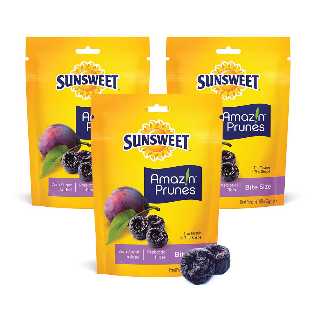 Sunsweet Amazin' Pitted Prunes - Dried Prunes Pitted Unsweetened - Gluten Free, Vegan, Low Fat - Fiber & Minerals - 8 Oz Pouches X 3 Pack - Big Mart USA