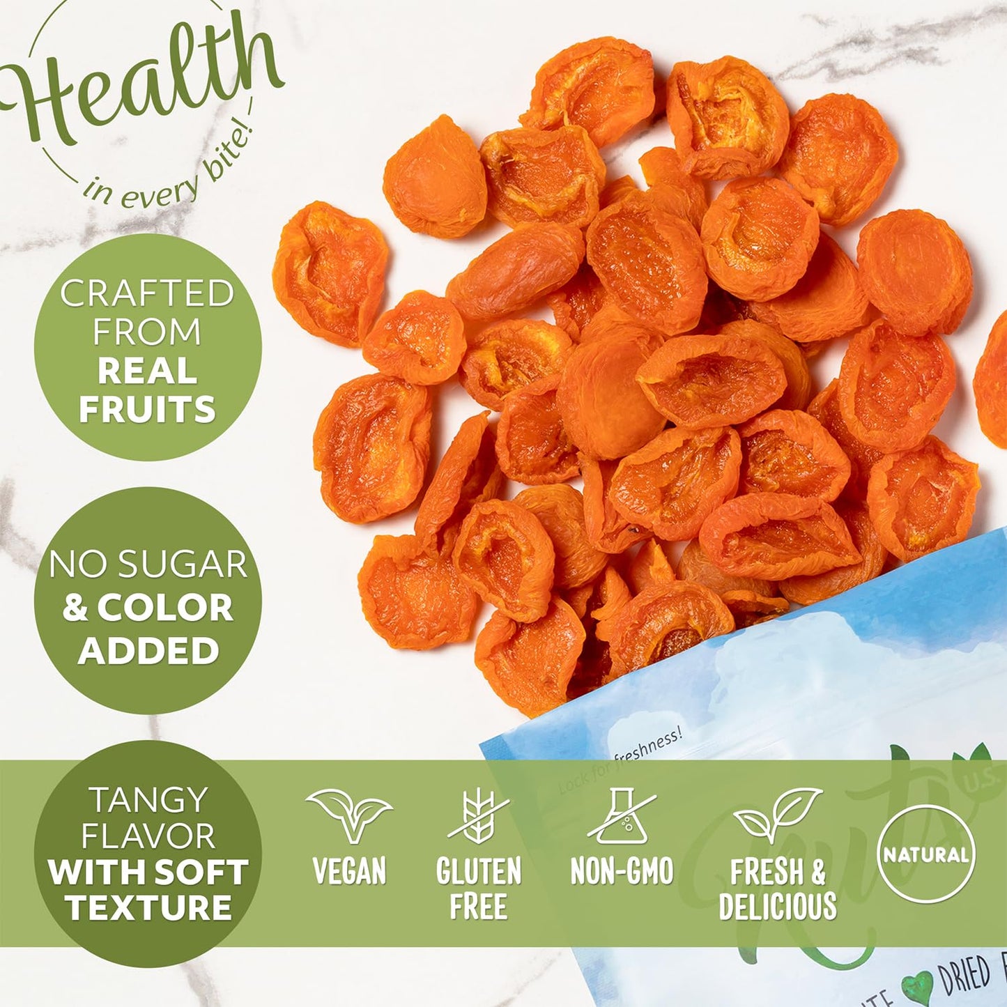 NUTS U.S. - California Sun Dried Fancy Apricots | Juicy and Tangy Flavor | No Sugar or Color Added | Gluten Free and NON-GMO | Apricots in Resealable Bags (2 LBS)