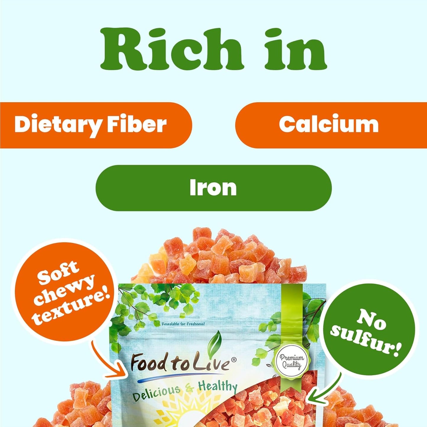 Food to Live Dried Diced Papaya, 8 Ounces Kosher, Vegan, Sweetened, Unsulfured, Bulk - Big Mart USA