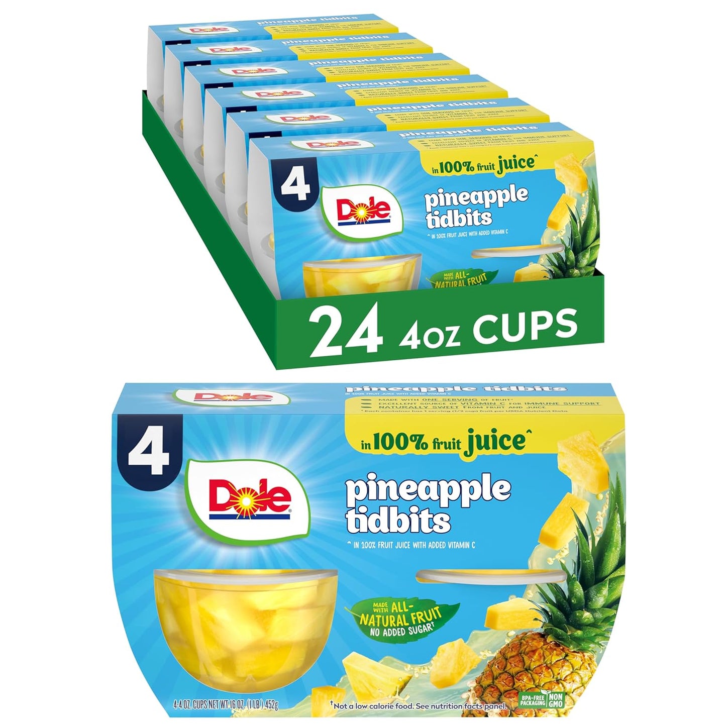 Dole Pineapple Tidbits with No Sugar Added - Dole Fruit Bowls Snacks - 4 Oz Fruit Bowls - 12 Pack - Big Mart USA