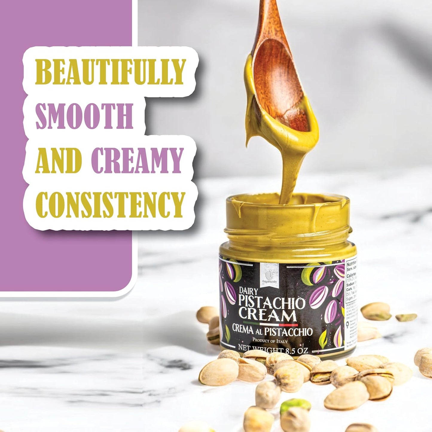 Gourmanity Dairy Pistachio Cream Spread, Perfect for Dubai Chocolate Bar, Luxury Pistachio Butter Cream for Sweet and Savory Dishes, Ideal for Italian Recipes, 8.5 Oz Jar