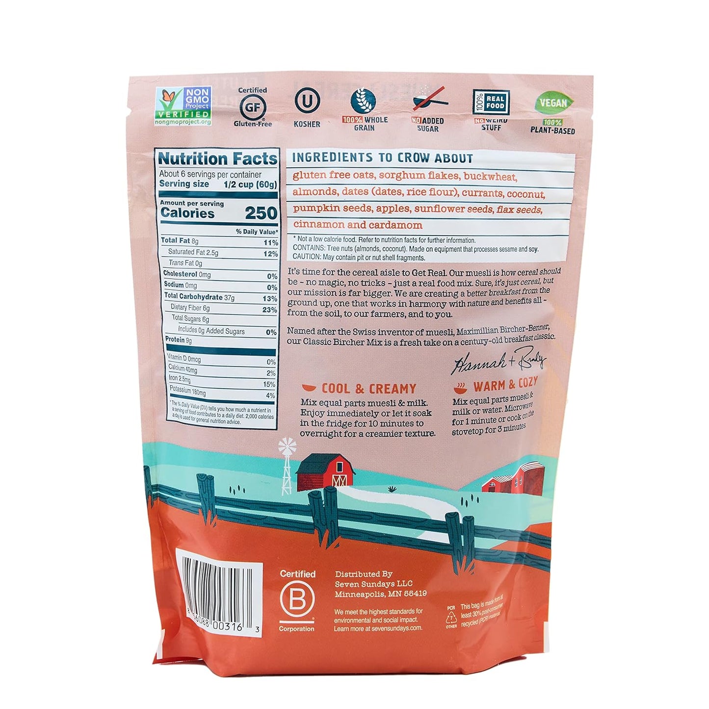 Seven Sundays Classic Bircher Apple Cinnamon Almond Muesli Cereal - 12 Oz Pouch - Certified Gluten Free Muesli - Non GMO, No Refined Sugar and Kosher