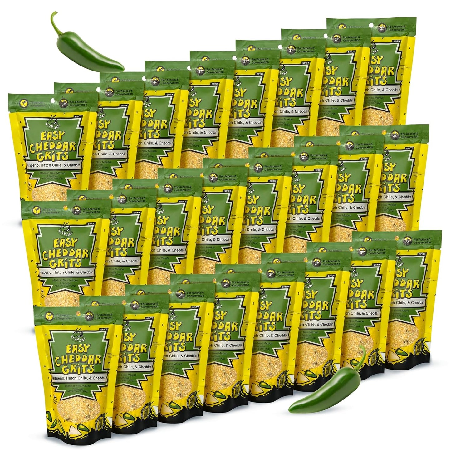 Jalapeno Yellow Corn Grits with Cheddar Cheese + Hatch Green Chile + Garlic, by Fishski Provisions, 6 Oz Bags, 2 Pack
