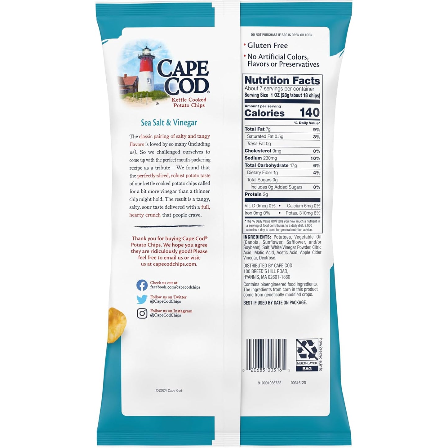 Cape Cod Sea Salt & Vinegar Chips, 7.5 Oz Bag - Big Mart USA
