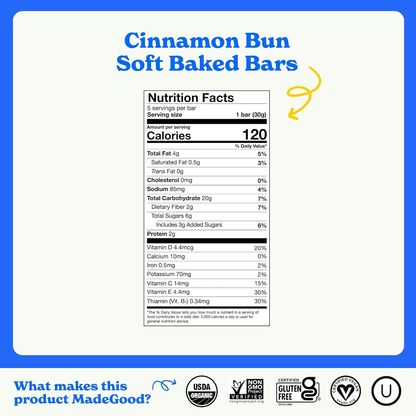Madegood Mornings Soft Baked Breakfast Bars, Cinnamon Bun 1.06 Oz (30 Count) Gluten Free Snacks - Big Mart USA