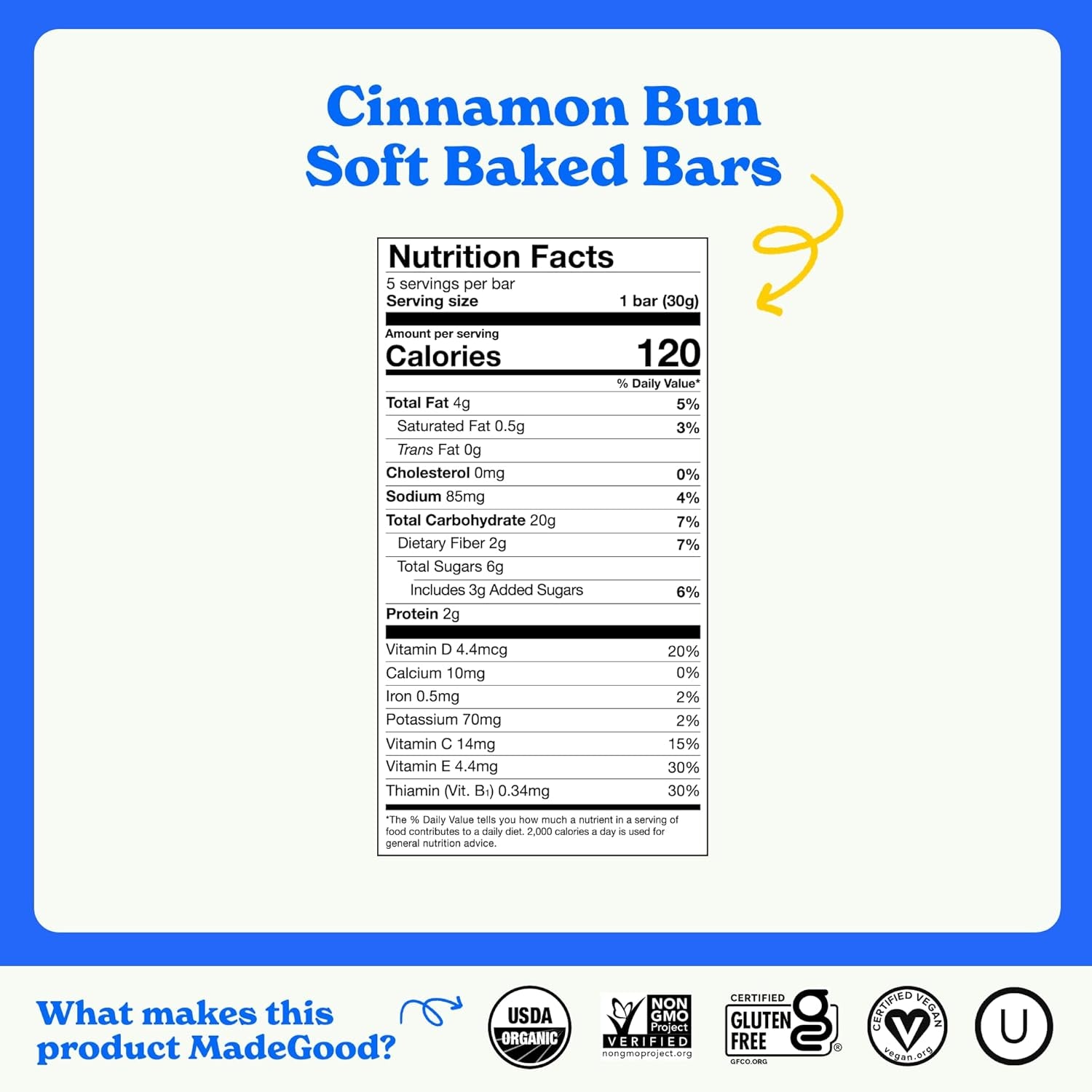 Madegood Mornings Soft Baked Breakfast Bars, Cinnamon Bun 1.06 Oz (30 Count) Gluten Free Snacks - Big Mart USA