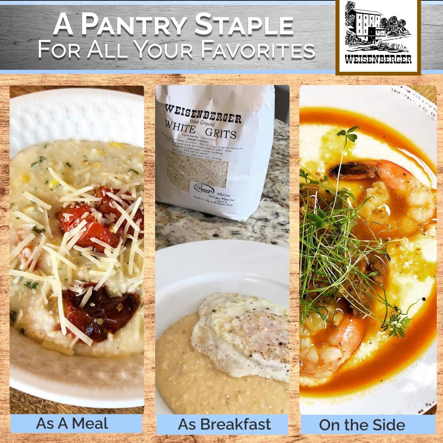 Weisenberger Stone Ground Grits, White- Authentic, Old Fashioned, Southern Style Corn Grits - Local Kentucky Proud Product - Non-Gmo, Coarse Ground - White, 2 Lb