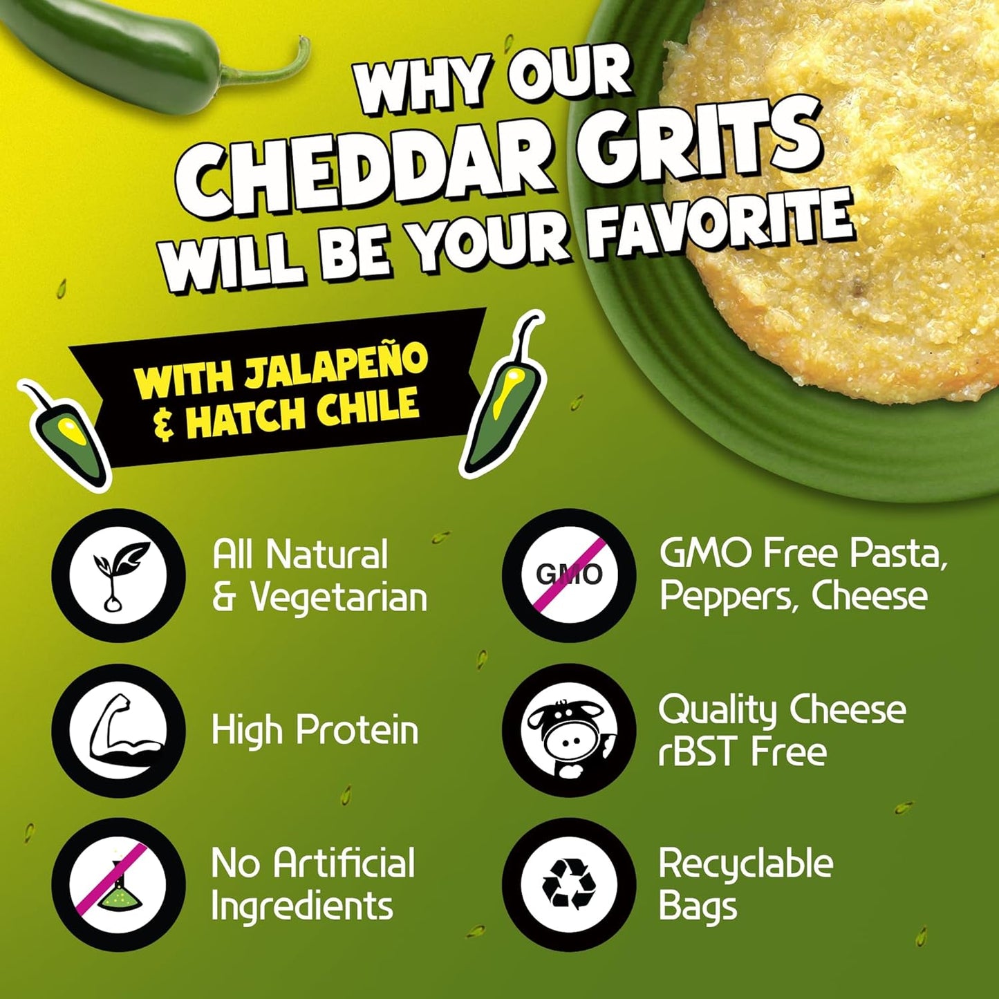 Jalapeno Yellow Corn Grits with Cheddar Cheese + Hatch Green Chile + Garlic, by Fishski Provisions, 6 Oz Bags, 2 Pack