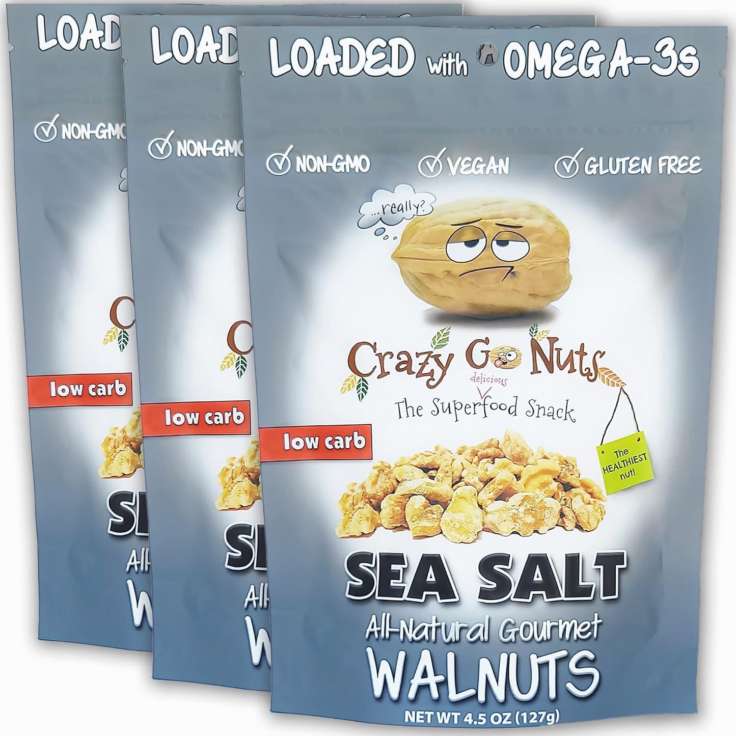 Crazy Go Nuts Walnuts - Maple, 4.5 Oz (3-Pack) - Healthy Snacks, Vegan, Low Carb, Gluten Free, Superfood - Natural, Non-Gmo, ALA, Omega 3 Fatty Acids, Good Fats, and Antioxidants - Big Mart USA