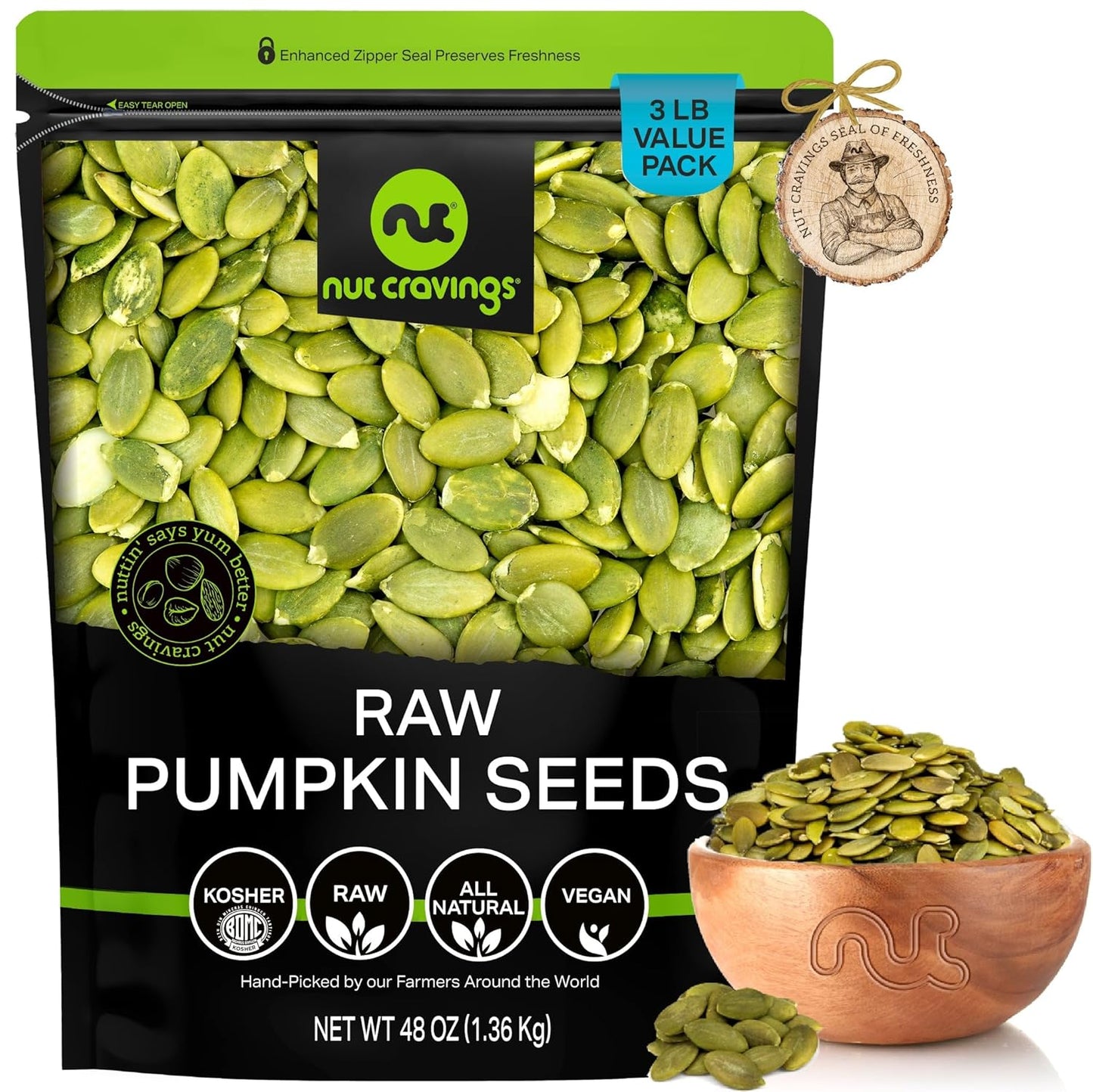 NUT CRAVINGS - Roasted & Unsalted Pumpkin Seeds, Pepitas, No Shell (16Oz - 1 LB) Packed Fresh in Resealable Bag - Nut Snack - Healthy Protein Food, All Natural, Keto Friendly, Vegan, Kosher - Big Mart USA