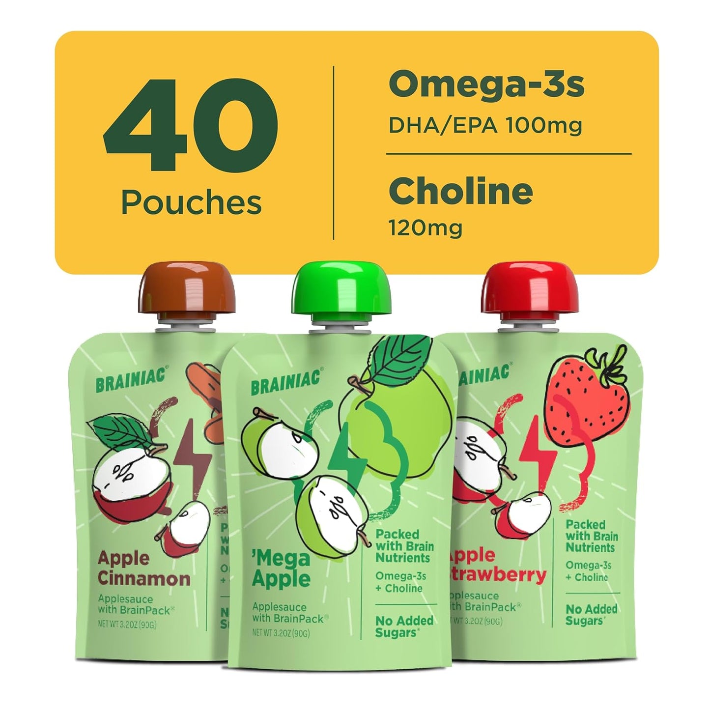 Brainiac Applesauce Variety Pack Pouches, Apple, Apple-Cinnamon & Apple-Strawberry Flavors, Unsweetened Applesauce with Vitamin C, Omega-3S & Choline, 40 Count, 3.2 Oz.