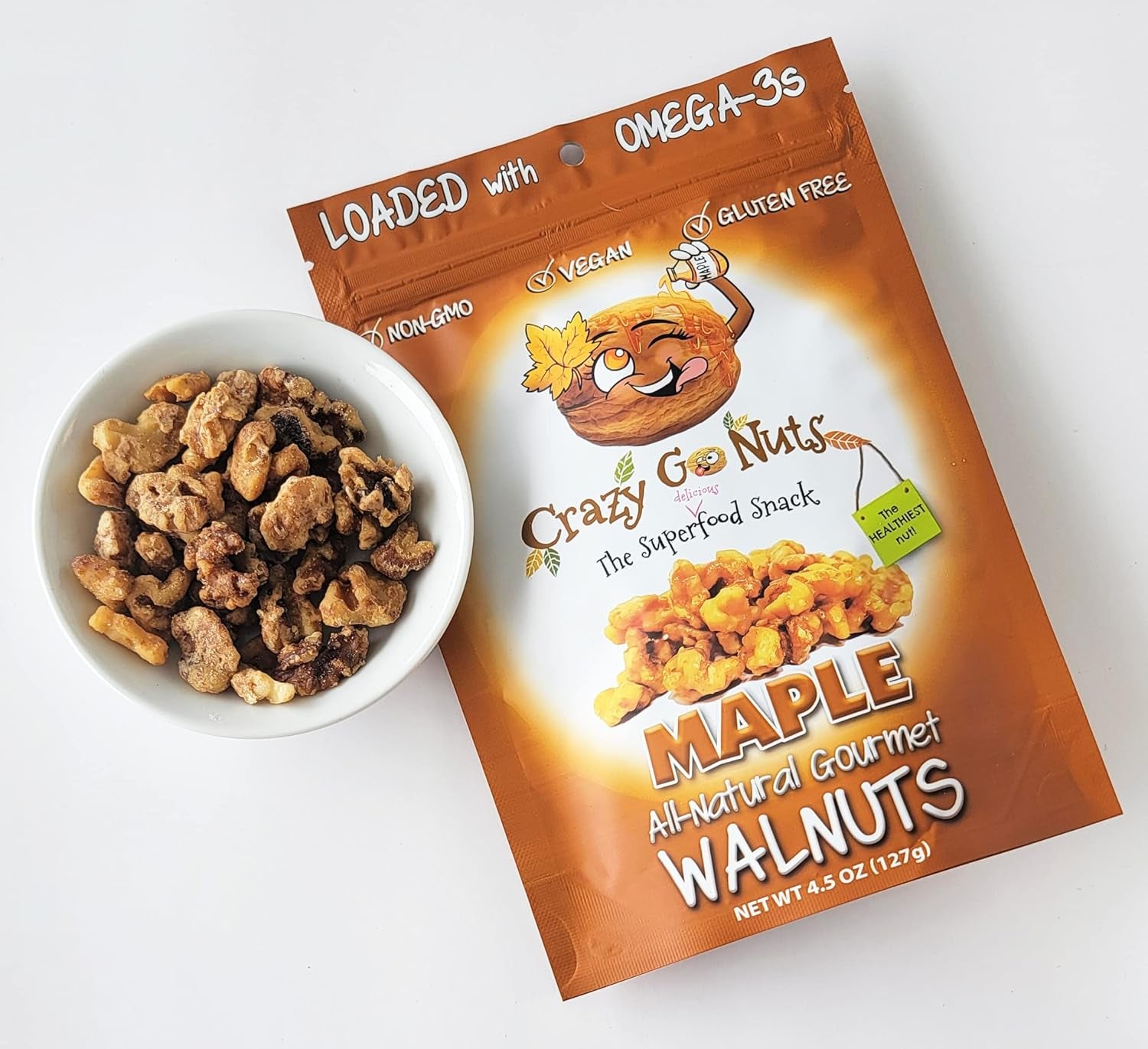 Crazy Go Nuts Walnuts - Maple, 4.5 Oz (3-Pack) - Healthy Snacks, Vegan, Low Carb, Gluten Free, Superfood - Natural, Non-Gmo, ALA, Omega 3 Fatty Acids, Good Fats, and Antioxidants - Big Mart USA