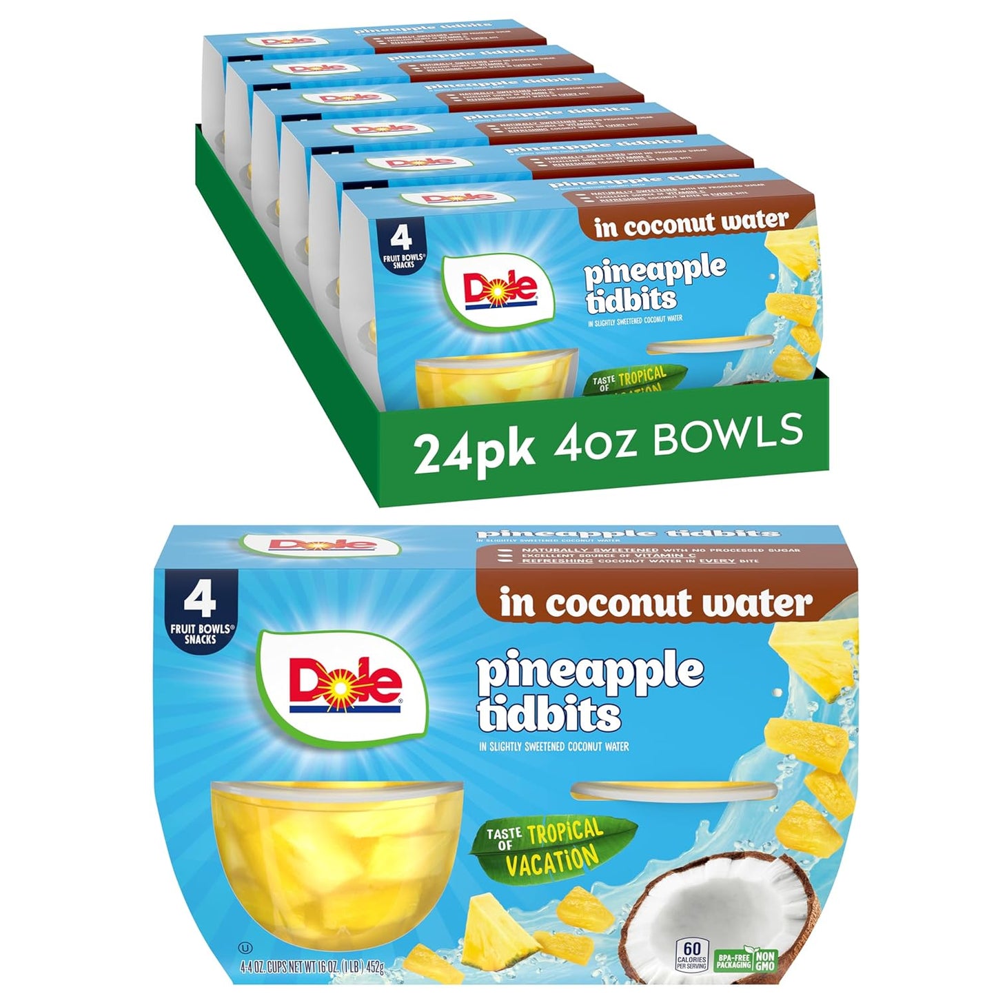 Dole Pineapple Tidbits with No Sugar Added - Dole Fruit Bowls Snacks - 4 Oz Fruit Bowls - 12 Pack - Big Mart USA