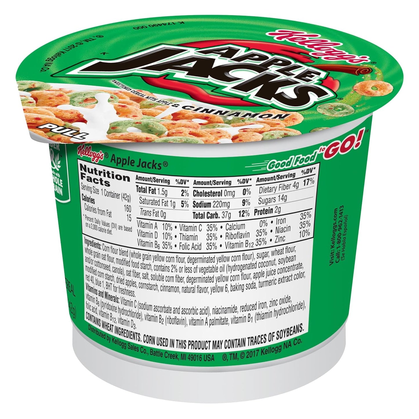 Kellogg’S Apple Jacks Cold Breakfast Cereal Cups, 8 Vitamins and Minerals, Kids Snacks, Original (12 Cups)