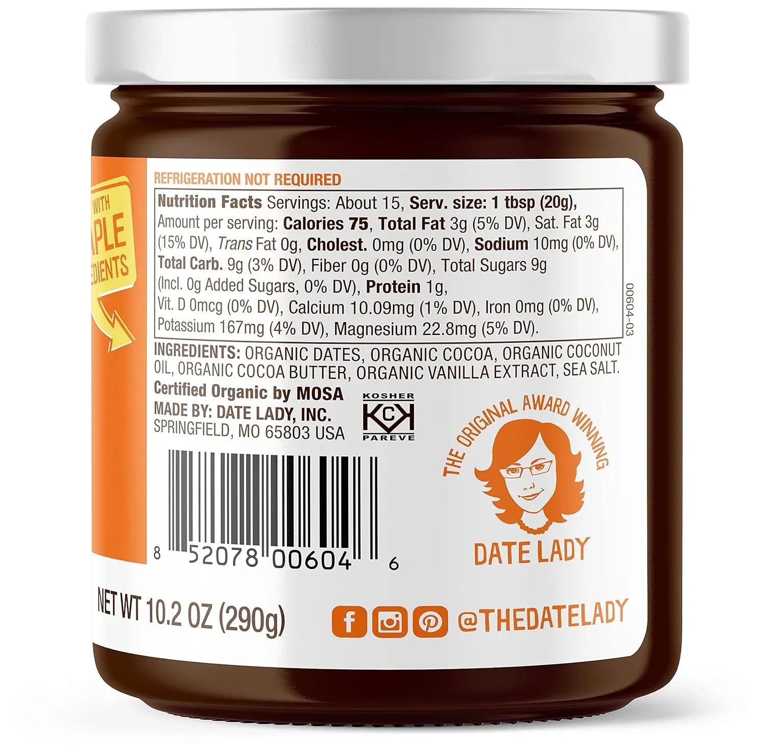 Date Lady Organic Chocolate Date Spread - Vegan, Paleo, Gluten-Free, Kosher, No Added Sugar or Preservatives (1 Jar) - Ideal for Dipping Fruit and Drizzling on Ice Cream - Big Mart USA