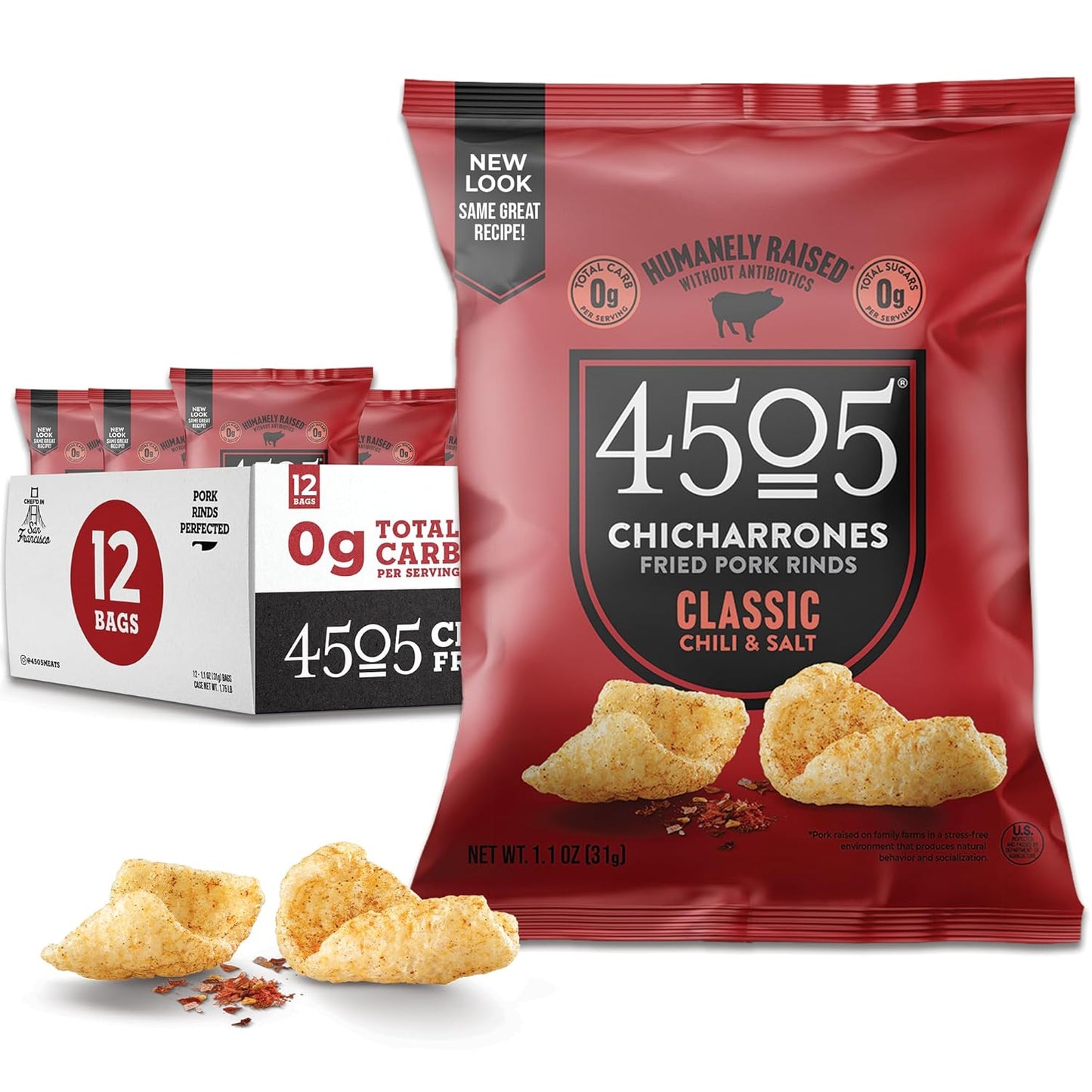 4505 Sea Salt Seasoned Chicharrones, Fried Pork Rinds - Sea Salt Flavored Pork Skins - Low Carb, Gluten-Free, Protein Snack - 1.1Oz (Pack of 12) - Big Mart USA