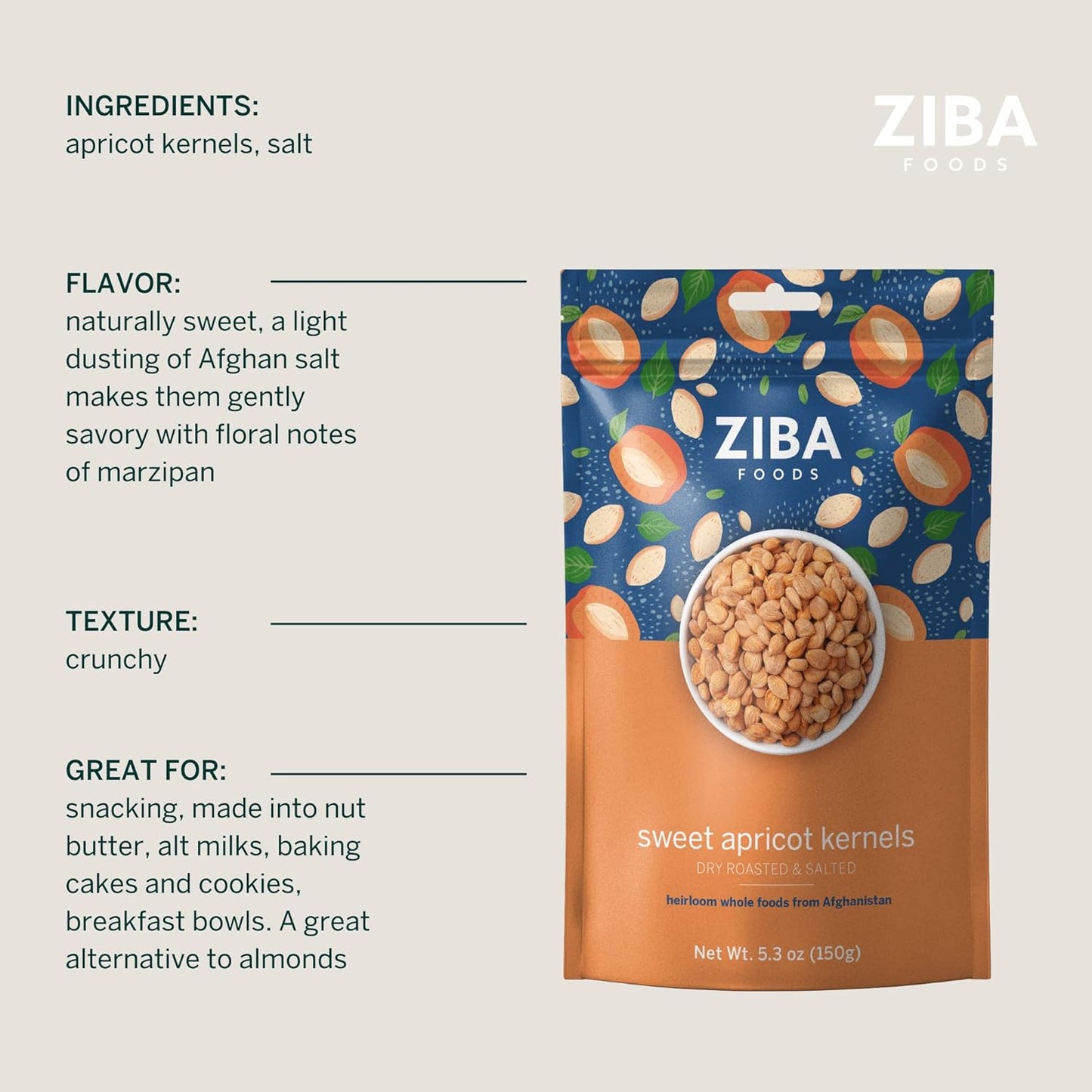 Ziba Foods Sweet Apricot Kernels | 5.3 Oz | Non-Gmo & Vegan Dried Apricot Seeds Whole 30 Friendly & Keto, Paleo, Dry Roasted Superseed | Wild Grown Apricot Kernel High in Protein and Omega 3S - Big Mart USA