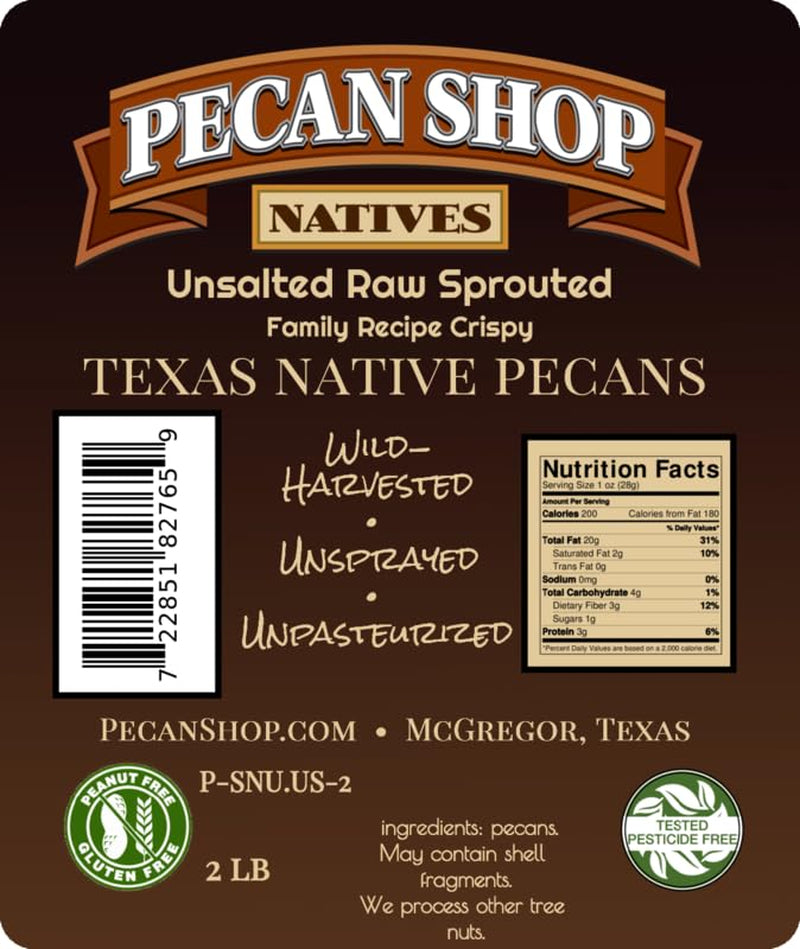 Pecan Shop Unsalted Sprouted Raw Texas Native Pecans, Unsprayed Wild-Harvested, Family Recipe Crispy by Pecan Shop - 2 Pound - Big Mart USA