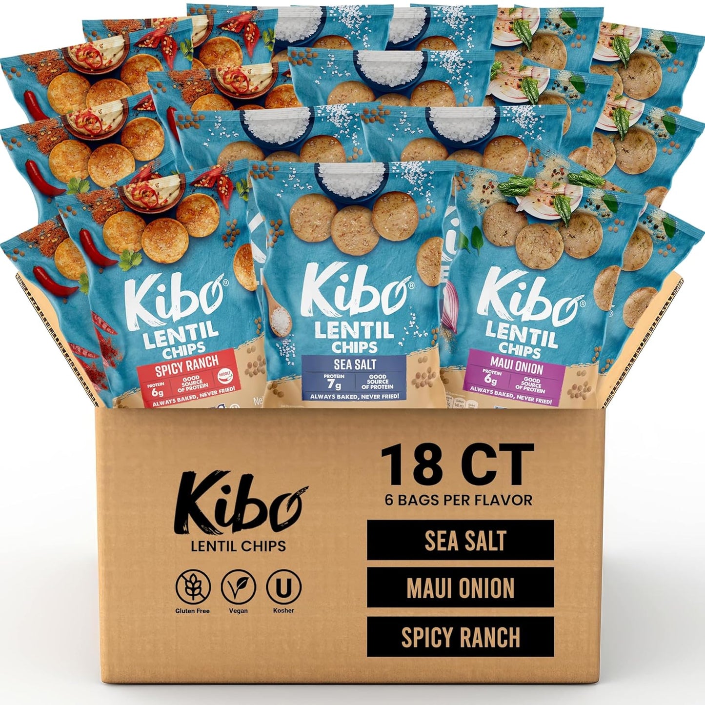 Kibo Lentil Chips Variety Pack - Gluten-Free, Vegan, Non-Gmo, Plant-Based - Maui Onion, Sea Salt, Spicy Ranch, Made with Real Veggies - 28G, 12 Pack - Big Mart USA