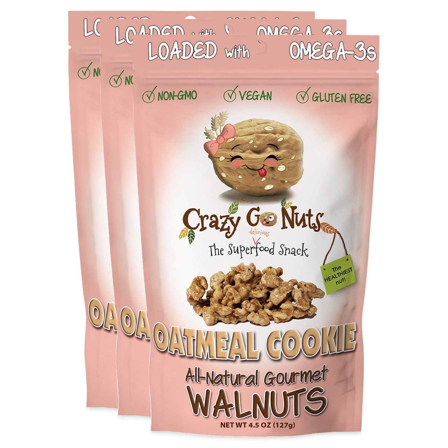 Crazy Go Nuts Walnuts - Maple, 4.5 Oz (3-Pack) - Healthy Snacks, Vegan, Low Carb, Gluten Free, Superfood - Natural, Non-Gmo, ALA, Omega 3 Fatty Acids, Good Fats, and Antioxidants - Big Mart USA