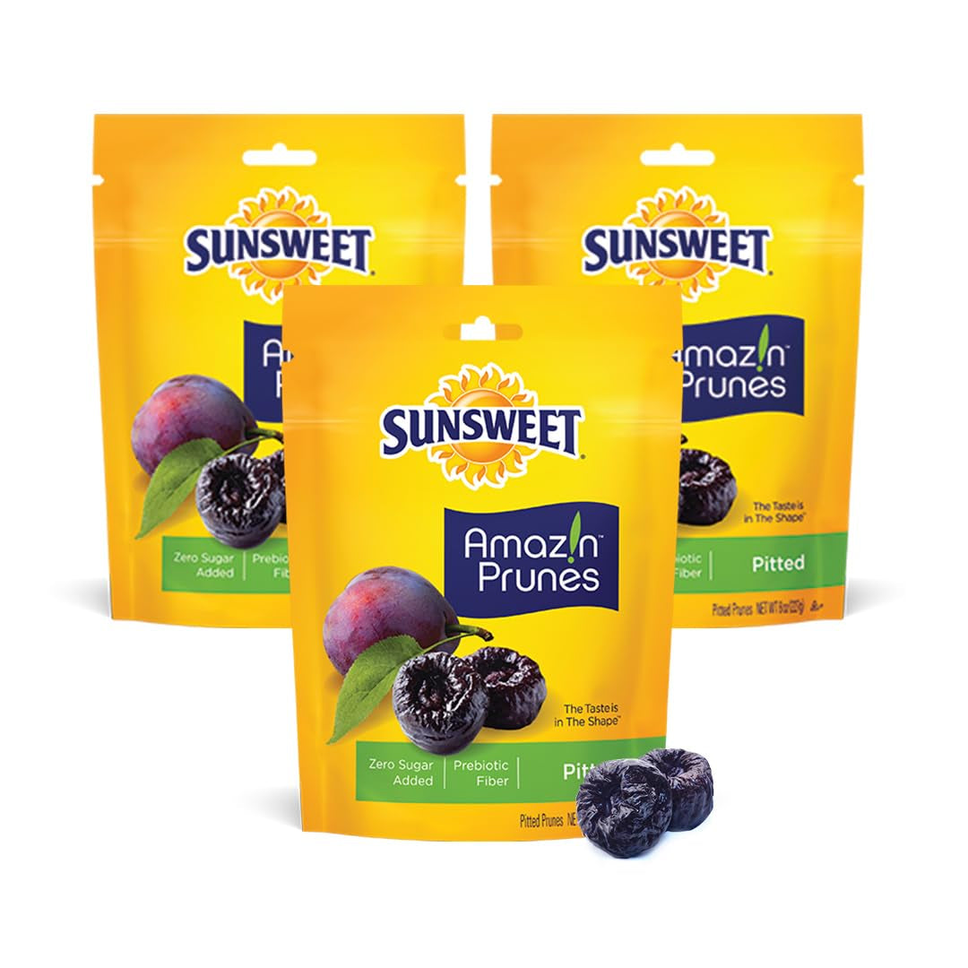 Sunsweet Amazin' Pitted Prunes - Dried Prunes Pitted Unsweetened - Gluten Free, Vegan, Low Fat - Fiber & Minerals - 8 Oz Pouches X 3 Pack - Big Mart USA