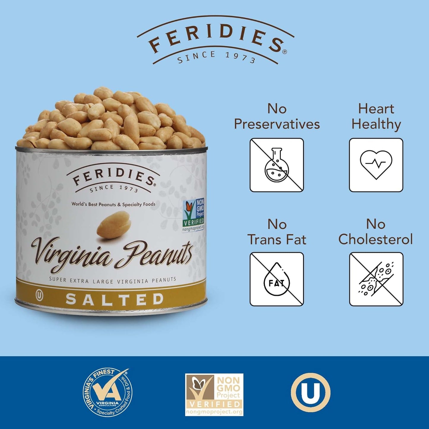 FERIDIES Extra Large Gourmet Virginia Salted Peanuts, Cooked in Pure Peanut Oil, No Preservatives, Non-Gmo, Kosher Certified - 36 Oz Tin - Big Mart USA